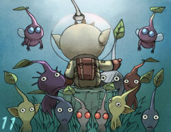 Rule 34 | 1boy, backpack, bag, black eyes, black skin, blue background, blue eyes, blue pikmin, blue skin, brown hair, colored skin, commentary request, countdown, flying, from behind, gloves, gradient background, grass, insect wings, leaf, looking at viewer, naru (wish field), nintendo, no mouth, olimar, outstretched arm, patch, pikmin (creature), pikmin (series), pikmin 3, pink skin, pointy ears, pointy nose, purple hair, purple pikmin, purple skin, red bag, red eyes, red gloves, red pikmin, red skin, rock, rock pikmin, short hair, sitting, on tree stump, solid circle eyes, spacesuit, sunlight, triangle mouth, very short hair, white pikmin, white skin, winged pikmin, wings, yellow pikmin, yellow skin