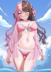 1girl absurdres bikini blue_sky blush bow bow_bikini breasts brown_hair brown_nails brown_ribbon closed_mouth cloud cloudy_sky collarbone commentary day fingernails frilled_bikini frills hair_ribbon highres large_breasts long_hair looking_at_viewer multicolored_hair multicolored_nails nail_polish navel open_clothes open_shirt outdoors pink_bikini pink_hair pink_nails pink_ribbon pink_shirt purple_eyes ribbon see-through_clothes see-through_shirt shirt sky solo stomach swimsuit tachibana_hinano thighs two-tone_hair virtual_youtuber vspo! wading water white_bow zuizui_11