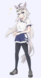 1girl absurdres ahoge animal_ears black_pantyhose blue_eyes closed_mouth commentary ear_ornament frown full_body grey_hair grey_shoes gym_shirt gym_shorts gym_uniform hair_ornament highres horse_ears horse_girl horse_tail kasamatsu_tracen_training_uniform looking_at_viewer makuraapillow medium_hair oguri_cap_(umamusume) pantyhose pantyhose_under_shorts shirt shoes short_sleeves shorts sneakers solo sparkle standing t-shirt tail umamusume umamusume:_cinderella_gray v-neck white_shirt