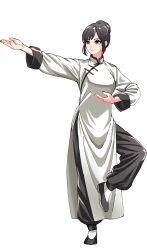 1girl absurdres black_hair black_panties changpao china_dress chinese_clothes dress fighting fighting_stance highres kicking kokoro_no_koibito kung_fu martial_arts monk original panties self-upload shaolin_monk standing standing_on_one_leg tangzhuang training underwear white_dress