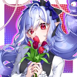 1girl ahoge ascot drill_hair flower hairband highres holding holding_flower huangshangninzheishiximaia91811 long_hair looking_at_viewer mole mole_under_eye pointy_ears purple_ascot purple_hair purple_hairband red_eyes shrug_(clothing) upper_body vivian_banshee white_shrug zenless_zone_zero
