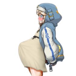 Rule 34 | 1boy, arc system works, blush, bridget (guilty gear), bulge, dress, erection, erection under clothes, fingerless gloves, gloves, guilty gear, guilty gear strive, hood, hoodie, huge penis, navel, penis, smile, solo