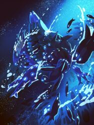 blue_theme bubble fins fish from_behind fusenryo gen_7_pokemon glowing glowing_eyes highres nintendo no_humans pokemon pokemon_(creature) underwater wishiwashi wishiwashi_(school)
