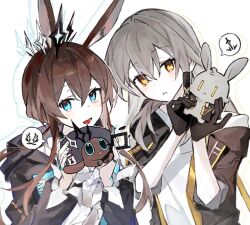 2girls amiya_(arknights) animal_ears arknights black_jacket blue_eyes brown_gloves brown_hair gloves grey_hair hair_between_eyes honkai:_star_rail honkai_(series) jacket long_hair looking_at_viewer motoharu_(motoharuuuu) multiple_girls rabbit_ears shirt simple_background stelle_(honkai:_star_rail) trailblazer_(honkai:_star_rail) white_background white_shirt yellow_eyes