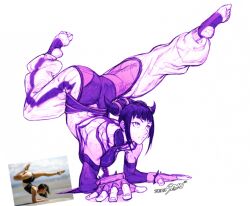 Rule 34 | 1girl, bare shoulders, bracelet, capcom, detached sleeves, drill hair, fingerless gloves, gloves, halterneck, han juri, handstand, highres, jewelry, real life insert, solo, spiked bracelet, spikes, street fighter, street fighter iv (series), twin drills, white background, zero setsu