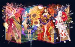 4girls absurdly_long_hair albino animal_print antlers apple aqua_eyes aqua_ribbon autumn autumn_leaves bare_shoulders bare_tree barefoot bird blue_hair blue_shorts blue_sky blunt_bangs bound bound_arms bound_legs breasts bug butterfly butterfly_wings cherry_blossoms cleavage cloud cloudy_sky commentary_request daffodil day dress floral_print flower flower_request food fruit full_moon fuzichoco grapes half-closed_eyes harvest hat hat_ribbon head_wings highres horns hydrangea insect insect_wings japanese_clothes jizou key kimono leaf leaf_print leg_ribbon leg_wings legs long_hair looking_afar looking_at_viewer looking_to_the_side medium_breasts mistletoe moon moss multiple_girls nail_polish orange_eyes original persimmon pin pink_hair pink_lips pumpkin purple_dress purple_eyes rabbit_print red_eyes red_kimono red_nails ribbon sailor_collar seasons seigaiha short_eyebrows short_hair shorts skirt_basket sky sleeveless sleeveless_kimono small_breasts smile snow snow_rabbit spring_(season) straw_hat summer sun sunset tengu thigh_strap toenail_polish toenails toes toy_airplane tree vegetable very_long_hair wading white_hair white_kimono wings winter wisteria
