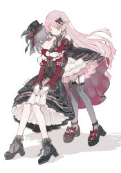 2girls bang_dream! bang_dream!_it&#039;s_mygo!!!!! black_dress black_hat black_shoes black_thighhighs blush bow braid brown_eyes chihaya_anon commentary detached_sleeves dress earrings grey_eyes grey_hair half_up_braid hat highres hug hug_from_behind jewelry juliet_sleeves long_hair long_sleeves multiple_girls nail_polish pantyhose pink_hair puffy_sleeves red_bow red_nails shadow shoes short_hair simoco symbol-only_commentary takamatsu_tomori thighhighs white_pantyhose yuri