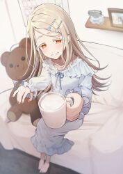 1girl alternate_costume barefoot bear_hair_ornament bed bedroom blonde_hair blue_bow blurry blush bow calendar_(object) check_commentary collarbone colored_eyelashes commentary commentary_request couch cup dress frills full_body gakuen_idolmaster grin hair_ornament hairclip highres holding holding_cup ichigo_mogu_15 idolmaster incoming_gift indoors long_hair long_sleeves looking_at_viewer milk mug nightgown on_couch orange_eyes pajamas ribbon shinosawa_hiro sitting smile solo stuffed_animal stuffed_toy teddy_bear virtual_youtuber white_dress yellow_eyes
