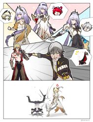 2boys 2girls aglaea_(honkai:_star_rail) aglaea_(honkai:_star_rail)_(cosplay) ancient_greek_clothes angel_wings anger_vein black_jacket black_pants black_tiara blonde_hair blush caelus_(honkai:_star_rail) castorice_(honkai:_star_rail) chest_tattoo coat commentary cosplay dress english_commentary greco-roman_clothes grey_hair highres honkai:_star_rail honkai_(series) jacket laurel_crown long_hair medium_hair multiple_boys multiple_girls mydei_(honkai:_star_rail) pants phainon_(honkai:_star_rail) phainon_(honkai:_star_rail)_(cosplay) puff_of_air punching purple_eyes purple_hair red_hair red_tattoo short_hair tattoo tiara toned toned_male topless_male trailblazer_(honkai:_star_rail) tribbie_(honkai:_star_rail) tribbie_(honkai:_star_rail)_(cosplay) white_coat white_dress white_hair wings zoruu21