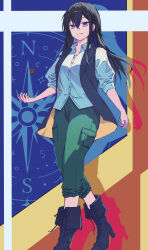 Rule 34 | 1girl, absurdres, black boots, black hair, black vest, blush, boots, breasts, green pants, highres, ichinose uruha, kurony (sirony), large breasts, long hair, long sleeves, looking at viewer, pants, purple eyes, shirt, short sleeves, smile, solo, striped clothes, striped shirt, vertical-striped clothes, vertical-striped shirt, vest, virtual youtuber, vspo!, white shirt