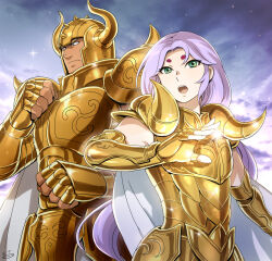 2boys aries_muu armor cape clenched_hands cloud cloudy_sky dark-skinned_male dark_skin eyelashes fake_horns glint gold_armor gold_cloth gold_helmet gold_saint green_eyes hand_up hands_up helmet hikimayu horned_armor horned_helmet horns long_hair male_focus mizuhara_aki multiple_boys open_mouth powering_up purple_hair raised_fists saint_seiya sheep_horns shoulder_spikes sky sparkle spiked_helmet spiked_pauldrons spikes star_(sky) starry_sky taurus_aldebaran teeth upper_body upper_teeth_only white_cape