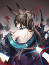 1girl absurdres amiya_(arknights) amiya_(guard)_(arknights) animal_ears arknights back blue_choker blue_eyes brown_hair choker eye_trail from_behind hair_between_eyes highres jacket jacket_partially_removed jiuxiaoshi light_trail long_hair looking_at_viewer looking_back ponytail rabbit_ears single_bare_shoulder solo sparkle torn_clothes very_long_hair