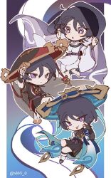 3boys :p ahoge akanbe aqua_kimono aqua_sleeves arm_at_side armor belt black_belt black_bodysuit black_bow black_footwear black_hair black_hat black_kimono black_shorts black_sleeves black_socks blue_cape blue_hat blunt_ends bodysuit border bow bridal_gauntlets bright_pupils cape chibi closed_mouth clothing_cutout curled_fingers expressionless eyelid_pull finger_to_eye furisode genshin_impact gold gradient_sleeves grey_veil hakama hakama_shorts han&#039;eri hands_up hat holding holding_unworn_clothes holding_unworn_hat holding_veil japanese_armor japanese_clothes jewelry jingasa kariginu kimono kote kurokote layered_clothes layered_kimono layered_sleeves leg_warmers light_blush long_sleeves looking_at_another looking_at_viewer looking_down looking_to_the_side multiple_boys multiple_persona nbb3 neck_ring open_clothes open_kimono open_mouth pants pelvic_curtain pillarboxed pleated_shorts purple_bow purple_eyes purple_rope purple_sash purple_sleeves purple_veil red_hat red_kimono rope sandals sash scaramouche_(genshin_impact) scaramouche_(kabukimono)_(genshin_impact) see-through_clothes see-through_veil shimenawa short_sleeves shorts shoulder_cutout socks string tongue tongue_out twitter_username two-tone_hat unworn_hat unworn_headwear veil wanderer_(genshin_impact) white_border white_leg_warmers white_pants white_pupils white_rope white_sleeves white_trim wide_sleeves zouri