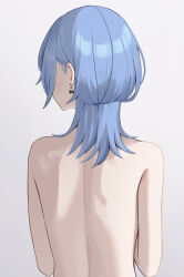 1girl absurdres back blue_hair bow bow_earrings commentary earrings english_commentary facing_away from_behind grey_background highres hololive hoshimachi_suisei jewelry median_furrow medium_hair nude o-e331 simple_background solo upper_body virtual_youtuber wolf_cut