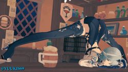 1girl 3d animated animated_gif ass bar_(place) breasts eula_(genshin_impact) genshin_impact jack-o&#039;_challenge koikatsu_(medium) legs looping_animation solo spread_legs thighs top-down_bottom-up yuukis