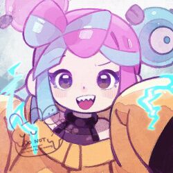 Rule 34 | 1girl, blue hair, deformed, iono (pokemon), looking at viewer, open mouth, pink hair, sharp teeth, smile, solo, straight-on, teeth, yknsugar