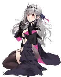 1girl ass bandaged_head bandages black_crown black_tiara crown goddess_of_victory:_nikke grey_hair highres long_hair modernia_(nikke) modernia_(second_affection)_(nikke) official_alternate_costume red_eyes shinobutti90wer simple_background solo tiara white_background