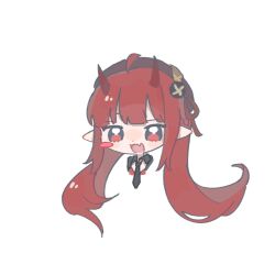 Rule 34 | 1girl, ahoge, ambience synesthesia, arknights, beret, black necktie, black shirt, blunt bangs, blush stickers, braid, brown hat, chibi, chinese commentary, cleavage cutout, clothing cutout, collared shirt, commentary request, cropped shoulders, demon horns, dot nose, double-parted bangs, fang, half up half down braid, happy, hat, hat ribbon, highres, horns, light blush, long hair, myrtle (arknights), necktie, official alternate costume, open mouth, pointy ears, qianwa shi biao, red eyes, red hair, red horns, red ribbon, red shirt, ribbon, shirt, simple background, single blush sticker, skin fang, smile, solo, two-tone shirt, very long hair, vigna (arknights), vigna (black wave) (arknights), white background