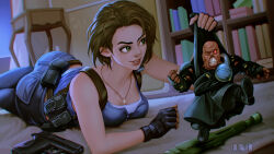 Rule 34 | 1boy, 1girl, ass, blue pants, blue shirt, bookshelf, brown hair, gun, halhe, handgun, highres, jewelry, jill valentine, lying, necklace, nemesis (resident evil), on stomach, pants, parted lips, red eyes, resident evil, resident evil 3: nemesis, resident evil 3 (remake), shirt, short hair, smile, toon (style), weapon