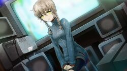 amane_suzuha between_legs bike_shorts blue_jacket braid breasts brown_hair crt dutch_angle expressionless game_cg hair_between_eyes hair_tie hand_between_legs hands_on_own_thighs high_collar highres huke indoors jacket long_sleeves looking_at_viewer medium_breasts monitor multiple_monitors non-web_source official_art pink_lips ringed_eyes screen_light shiny_lips sitting solo square_pupils steins;gate track_jacket twin_braids twintails yellow_eyes zipper zipper_pull_tab