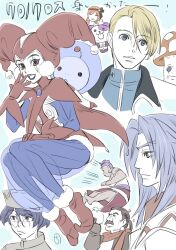 Rule 34 | blonde hair, blue eyes, blue hair, chrono cross, closed mouth, earrings, fargo (chrono cross), funguy (chrono cross), glasses, gloves, harle (chrono cross), hat, highres, jewelry, kobayashi chizuru, leena (chrono cross), macha (chrono cross), multiple boys, multiple girls, norris (chrono cross), open mouth, poshul (chrono cross), short hair, simple background, smile, starky (chrono cross), van (chrono cross), white background