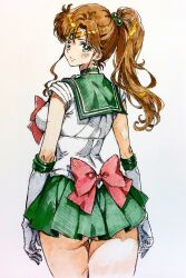 1girl absurdres ass_peek back_bow bishoujo_senshi_sailor_moon blush bow bowtie breasts brown_hair choker circlet closed_mouth commentary_request cowboy_shot earrings elbow_gloves from_behind gloves green_choker green_eyes green_sailor_collar green_skirt greyscale hair_bobbles hair_ornament highres i4teruz jewelry kino_makoto long_hair looking_at_viewer looking_back magical_girl medium_breasts miniskirt monochrome pink_bow pleated_skirt ponytail sailor_collar sailor_jupiter sailor_senshi_uniform simple_background sketch skirt smile white_background white_gloves