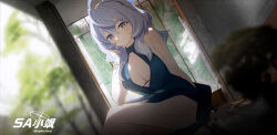 1girl absurdres ako_(blue_archive) ako_(dress)_(blue_archive) bare_arms bare_shoulders blue_archive blue_hair blush breasts cleavage closed_mouth crossed_legs dress hayate_(1034853996) highres large_breasts long_hair looking_at_viewer official_alternate_costume sidelocks sleeveless sleeveless_dress smile solo very_long_hair