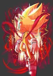 1boy animal_ears animal_nose aqua_eyes aura closed_mouth commentary deaddark_xxiii electricity energy english_commentary frown furry furry_male gloves glowing glowing_eyes grey_background highres male_focus red_shoes serious shoes simple_background solo sonic_(series) sonic_frontiers sonic_the_hedgehog super_sonic super_sonic_2 v-shaped_eyebrows white_gloves