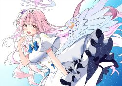 1girl angel_wings blue_archive blue_shoes breasts capelet commentary dress dress_tug feathered_wings hair_bun halo hand_up high_heels highres index_finger_raised long_hair looking_at_viewer medium_breasts mika_(blue_archive) open_mouth pink_eyes pink_hair pink_halo shamu_(helix) shoes single_side_bun smile solo white_capelet white_dress wings