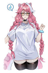 Rule 34 | 1girl, absurdres, animal ears, black-framed eyewear, black choker, blue scrunchie, blush, braid, breasts, choker, closed mouth, commentary, cropped arm, cropped legs, english commentary, fingernails, glasses, hair intakes, heart, highres, hololive, hololive english, keisea, large breasts, long hair, looking at viewer, multicolored hair, nail polish, panther ears, panther girl, panther tail, pink hair, pink nails, raora panthera, scrunchie, shirt, short sleeves, simple background, smile, solo, spoken heart, streaked hair, t-shirt, tail, thighs, twin braids, twintails, two-tone hair, virtual youtuber, white background, white shirt, wrist scrunchie, yellow eyes