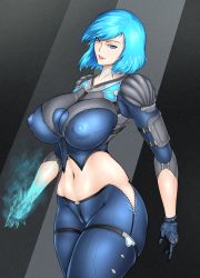 Rule 34 | 1girl, absurdres, black background, blue eyes, blue hair, breasts, covered erect nipples, female focus, highres, huge filesize, large breasts, latex, looking at viewer, lurikyarei, nyx (quake), quake (series), quake 1, quake champions, self-upload, solo, standing, sweat, wide hips