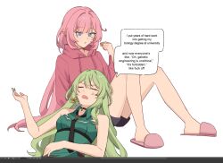 2girls anger_vein bare_legs black_shorts blue_eyes breasts closed_eyes closed_mouth commentary earrings elysia_(honkai_impact) english_text food_in_mouth green_shirt honkai_(series) honkai_impact_3rd jewelry legs looking_at_another mobius_(honkai_impact) multiple_girls nail_polish ouroboros pink_sweater rena_(_rrena) shirt shorts simple_background slippers speech_bubble sweater white_background yuri
