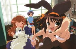 3girls animal_ears apron asahina_mikuru bow bowtie breasts brown_hair cleavage detached_collar detached_sleeves dress fake_animal_ears hairband legs leotard looking_at_viewer maid maid_apron multiple_girls nagato_yuki nurse official_art open_mouth orange_hair playboy_bunny pointing pointing_at_viewer purple_dress purple_hair suzumiya_haruhi suzumiya_haruhi_no_yuuutsu yellow_hairband