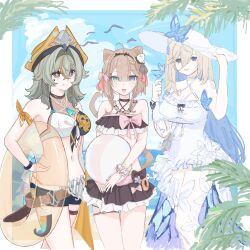3girls animal_ears aponia aponia_(mesmerizing_blue) ball beach beachball bikini black_bikini black_hairband black_shorts blonde_hair blue_eyes blue_sky border breasts brown_hair cat_ears cat_girl cat_tail cloud commentary_request dress green_eyes grey_eyes hair_intakes hairband hat heterochromia highres holding holding_ball holding_beachball holding_swim_ring honkai_(series) honkai_impact_3rd innertube large_breasts long_hair looking_at_viewer medium_breasts medium_hair multicolored_bikini multiple_girls navel official_alternate_costume outdoors pardofelis pardofelis_(midsummer_collector) pirate_hat short_hair_with_long_locks short_shorts shorts sky stomach sun_hat sundress sutera_pasuta swim_ring swimsuit tail two-tone_bikini very_long_hair vill-v vill-v_(i&#039;m_the_storm) white_border white_dress