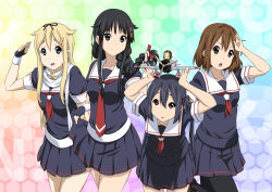 5girls absurdres aircraft airplane akiyama_mio black_eyes black_hair black_serafuku blonde_hair blue_eyes braid brown_eyes brown_hair cosplay eyebrows fairy_(kancolle) fairy_(kancolle)_(cosplay) hair_flaps hair_ribbon highres hirasawa_yui k-on! kantai_collection kotobuki_tsumugi long_hair look-alike mini_person minigirl multiple_girls murasame_(kancolle) murasame_(kancolle)_(cosplay) nakano_azusa oku_no_shi pantyhose ribbon salute scarf school_uniform serafuku shigure_(kancolle) shigure_(kancolle)_(cosplay) shiratsuyu_(kancolle) shiratsuyu_(kancolle)_(cosplay) short_hair tainaka_ritsu thick_eyebrows twintails yuudachi_(kancolle) yuudachi_(kancolle)_(cosplay)