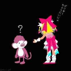 Rule 34 | 1girl, ?, back bow, beatmania iidx, bemani, black background, blonde hair, boots, bow, braid, commentary request, full body, hair bow, highres, irasutoya, monkey, open mouth, pink bow, prop is god, short hair, simple background, skirt, solo, translation request, twin braids, white boots, white skirt, xiatian (beatmania)