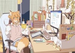 1girl absurdres animal_ears animal_nose at_computer blue_shorts blush body_fur book book_stack bookshelf calendar_(object) cellphone chair charm_(object) coffee coffee_mug commentary_request computer_keyboard computer_mouse cup desk eraser feet_out_of_frame fox_ears fox_girl fox_tail from_side furry furry_female gaming_chair green_eyes hair_bun hand_up highres hood hoodie indoors ink loaded_interior long_sidelocks long_sleeves looking_at_viewer misotsuki_ayabe monitor moon mousepad_(object) mug night open_mouth orange_fur orange_hair original paper pencil pencil_sharpener phone plant potted_plant pyramid_(structure) scratching_cheek short_hair short_shorts shorts sidelocks sitting smartphone snout steam stuffed_animal stuffed_toy stylus swivel_chair tail wide_shot window window_blinds