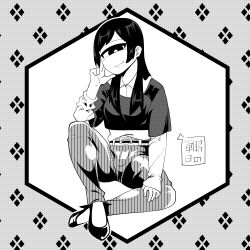 1girl belt cyclops greyscale hand_up high_heels knee_up long_hair long_sleeves looking_at_viewer monochrome one-eyed original pants sitting smile solo yakochu