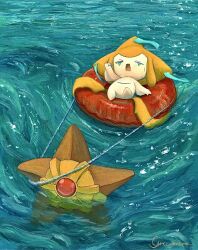 :o =_= arm_up clenched_hand full_body gem gen_1_pokemon gen_3_pokemon gyura holding holding_rope innertube jirachi leg_up legendary_pokemon lying mythical_pokemon nintendo no_humans on_back open_mouth partially_submerged pokemon pokemon_(creature) red_gemstone rope staryu swim_ring swimming water