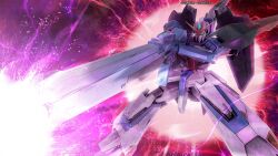 absurdres aeug beam_cannon blue_eyes company_name copyright_notice energy_beam firing glowing glowing_eyes gundam gundam_battle_operation_2 highres holding holding_weapon lens_flare machinery mecha mecha_focus mobile_suit no_humans official_art painting_(medium) realistic robot scan science_fiction shield solo space sunrise_(company) tenjin_hidetaka traditional_media v-fin weapon zero_gravity zeta_gundam zeta_gundam_(mobile_suit)