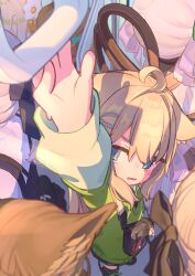 1girl 6+girls absurdres ahoge animal_ear_fluff animal_ears arm_up bag black_bow black_shoes blonde_hair blue_eyes blush borrowed_character bow cardigan cat_ears cat_girl crowd from_above green_cardigan green_shirt green_sweater hair_between_eyes hair_ornament hairclip hand_grip handbag highres kipfel_(vrchat) long_hair long_sleeves looking_at_viewer looking_up multiple_girls neko_kakera open_mouth parted_lips reaching shirt shoes shoulder_bag solo_focus sweat sweater tail train_interior vrchat