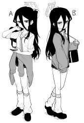 1girl asahina_yoshitoshi bag blue_archive blush bow bowtie cardigan cardigan_around_waist closed_mouth clothes_around_waist collared_shirt hair_between_eyes halo highres holding holding_bag holding_phone kei_(blue_archive) long_hair long_sleeves looking_at_viewer loose_socks multiple_views necktie phone school_bag school_uniform shirt shoes simple_background skirt socks standing white_background