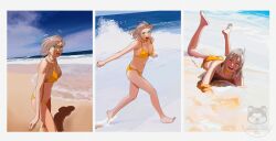 1girl absurdres barefoot beach bikini blue_sky breasts closed_eyes day green_eyes grey_hair highres kantai_collection kinugasa_(kancolle) large_breasts looking_at_viewer lying multiple_views ocean ojipon on_stomach open_mouth orange_bikini outdoors sand shadow sky swimsuit twitter_username water watermark