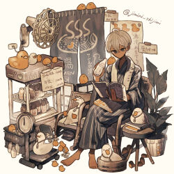 1boy ahoge artist_name baby_animal barefoot basket bird book book_on_lap bottle box bright_pupils brown_eyes chair closed_mouth commentary_request crossed_bangs crossed_legs curtains double-parted_bangs duck duckling electric_fan english_text expressionless full_body glass_bottle grey_robe hair_between_eyes highres holding holding_book holding_bottle jimini_shijimi long_bangs milk milk_bottle original paper pin plant poster_(object) potted_plant reading refrigerator robe shelf short_hair simple_background sitting solo striped_robe table toes towel towel_around_neck weighing_scale white-haired_man_(jimini_shijimi) white_background white_hair white_pupils