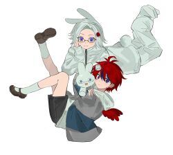 2boys aged_down ahoge aotsuki_eito black_hair black_shoes black_shorts blue_eyes blush child closed_mouth full_body glasses highres legs_up looking_at_viewer male_focus messy_hair multicolored_eyes multicolored_hair multiple_boys rabbit_ears rabbit_tail red_eyes red_hair shoes shorts smile socks sumino_takumi the_hundred_line_-last_defense_academy- white_background white_socks wings