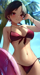 1girl absurdres arm_up bare_shoulders bikini black_hair blush bracelet breasts cleavage collarbone cowboy_shot front-tie_bikini_top front-tie_top gradient_hair highres innertube jewelry kisaragi_ren_(vtuber) large_breasts looking_at_viewer multicolored_hair naikon navel necklace parted_lips piercing red_bikini red_eyes red_hair red_ribbon ribbon short_hair side-tie_bikini_bottom smile solo swim_ring swimsuit vspo!