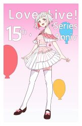 1girl :d absurdres alternate_costume armpit_crease balloon bare_shoulders bob_cut border brown_shoes commentary_request dress erobear full_body gradient_background grey_hair hair_ornament highres inverted_bob link!_like!_love_live! looking_at_viewer love_live! love_live!_series_15th_anniversary_costume mary_janes multicolored_hair neck_ribbon off-shoulder_shirt off_shoulder one_side_up open_mouth pink_background pink_eyes pink_ribbon pink_shirt pleated_dress red_hair ribbon shirt shoes short_dress short_hair sleeveless sleeveless_dress smile solo star_(symbol) star_hair_ornament streaked_hair thighhighs virtual_youtuber white_border white_dress white_thighhighs yugiri_tsuzuri zettai_ryouiki