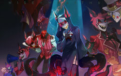 6+boys alastor_(hazbin_hotel) animal_ears antlers apple artist_name black_bow black_bowtie black_dress black_gloves black_pants black_sclera blonde_hair blood blood_on_clothes bow bowtie brown_thighhighs chain charlie_morningstar claw_ring closed_mouth collar colored_sclera colored_skin constricted_pupils cracked_skin decapitation deer_antlers deer_boy deer_ears demon_boy dress ears_through_headwear evil_grin evil_smile eyeshadow eyewear_on_head food frown fruit garter_straps gloves glowing glowing_eyes grin guro hand_on_own_chest hand_on_own_tentacles hand_on_tentacle hat hazbin_hotel highres holding holding_megaphone holding_plate horns long_sleeves looking_at_viewer lucifer_morningstar_(hazbin_hotel) makeup male_focus megaphone metal_collar monocle multiple_boys multiple_persona nun official_alternate_costume pants pink_eyes plate pointing pointing_at_another red-tinted_eyewear red_eyes red_eyeshadow red_hair red_vest rubber_duck scar scar_on_leg severed_head sharp_teeth shirt short_hair smile solid_eyes spotlight sunglasses teeth tentacles thighhighs tinted_eyewear top_hat under_covers vest white_shirt white_skin wide_sleeves wraith615 yellow_sclera