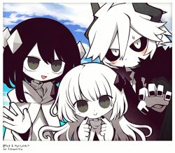 1boy 1girl 1other :d androgynous artist_name black_hair black_nails black_neckwear black_sclera blush child cloak cloud cloudy_sky colored_sclera commission demon_boy etihw eyes_visible_through_hair family father_and_daughter funamusea funamusea_(artist) fur_collar grey_eyes grey_nails haiiro_teien hair_between_eyes head_tilt horns kcalb long_hair long_sleeves mother_and_daughter nail_polish necktie no_mouth open_mouth pale_skin parent_and_child photo_(object) short_hair short_hair_with_long_locks sidelocks silhouette_(mogeko) skeb_commission sky slit_pupils smile sweat white_eyes white_hair