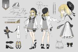1girl artist_name beret black_bow black_hat black_shoes blonde_hair blue_eyes bow closed_eyes commentary_request dress full_body grey_background hair_ornament hairclip hat kagamine_rin long_hair long_sleeves miku_symphony_(vocaloid) official_art reference_sheet rella shoes simple_background socks standing translation_request vocaloid white_dress white_socks